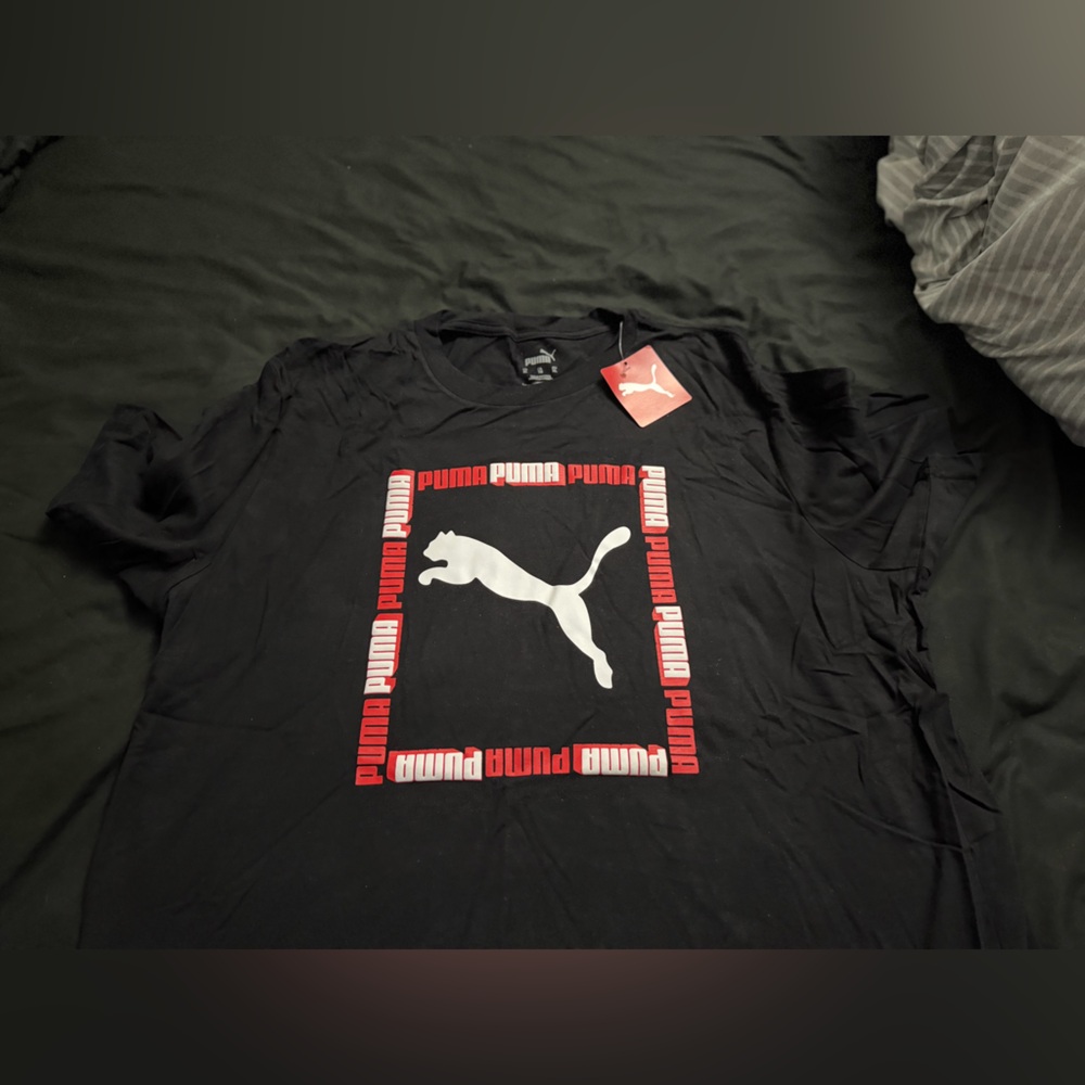 Puma Black T-Shirt with White Puma Logo and Red Accents